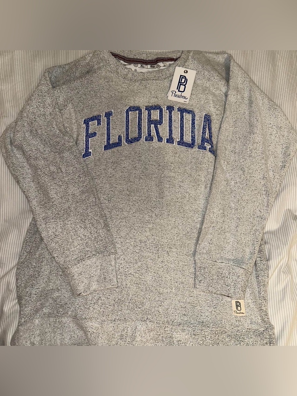 Pressbox Men’s Heather Gray Crewneck Sweater with Blue FLORIDA Lettering